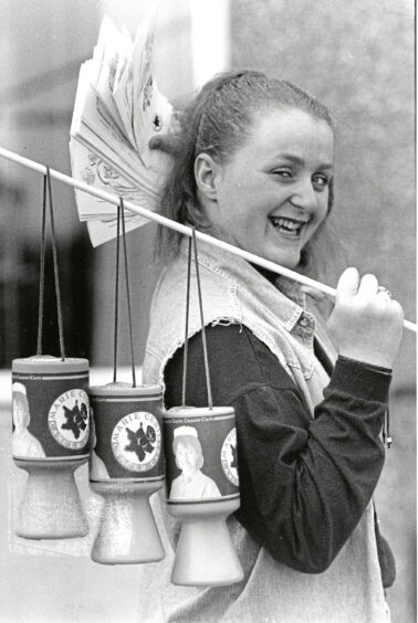 Nicola McIntosh, 16, of Heathryfold out and about with Marie Curie collection cans in 1993