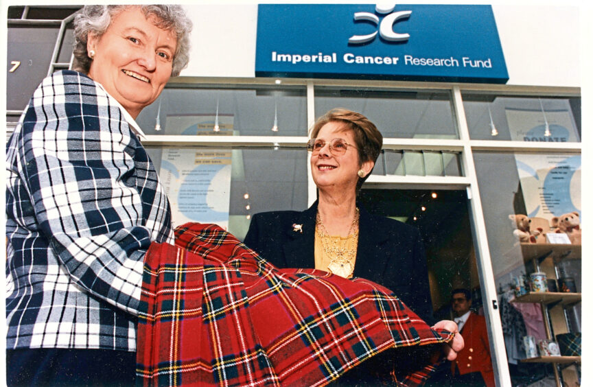Lady Provost Lys Wyness, right, with Brenda Massie at Aberdeen’s revamped Cancer Research shop in 1994