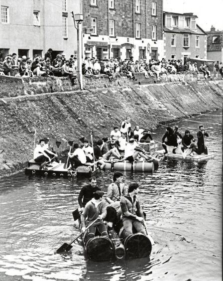 Raft race at Stonehaven harbour in 1985