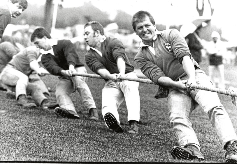 A tug o’ war team gets stuck in at Aberdeen Highland Games in 1991