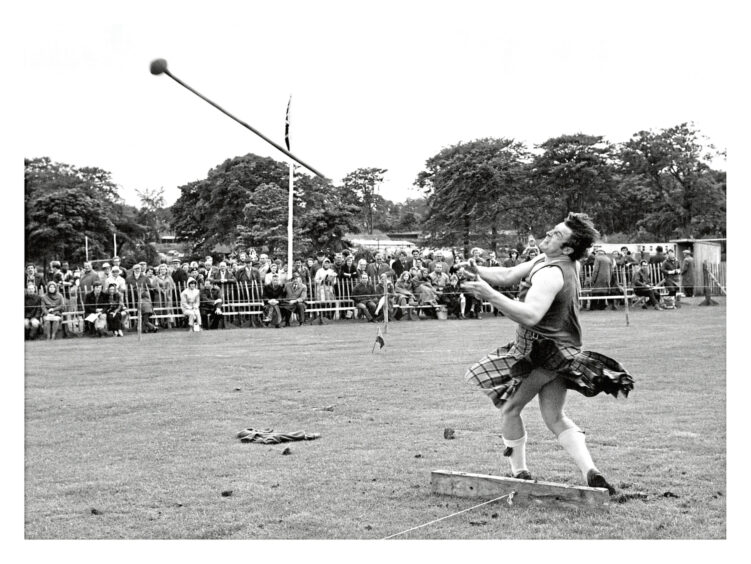 Charlie Allan throwing the light hammer at Aberdeen Highland Games in 1972