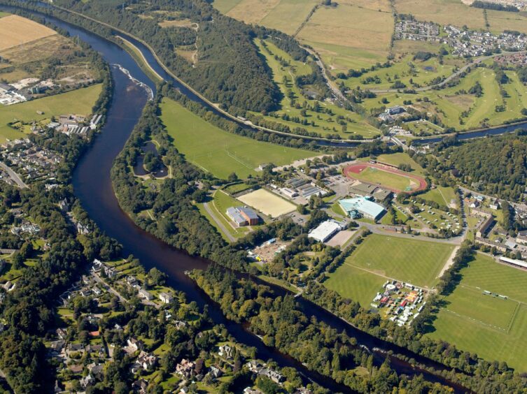 Bught Park and its shinty pitches on the front right of this aerial shot.