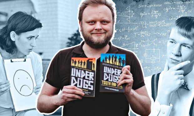 Chris Bonnello holding his two 'Underdogs' novels he wrote and in the background is a confused woman looking at a sad emoji and next to that a man who is a maths genius with problems on the board used to reflect autistic stereotypes