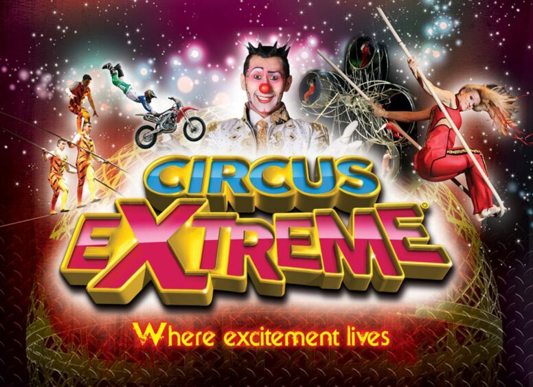 Circus Extreme logo with featured clowns, acrobats, and stunt riders