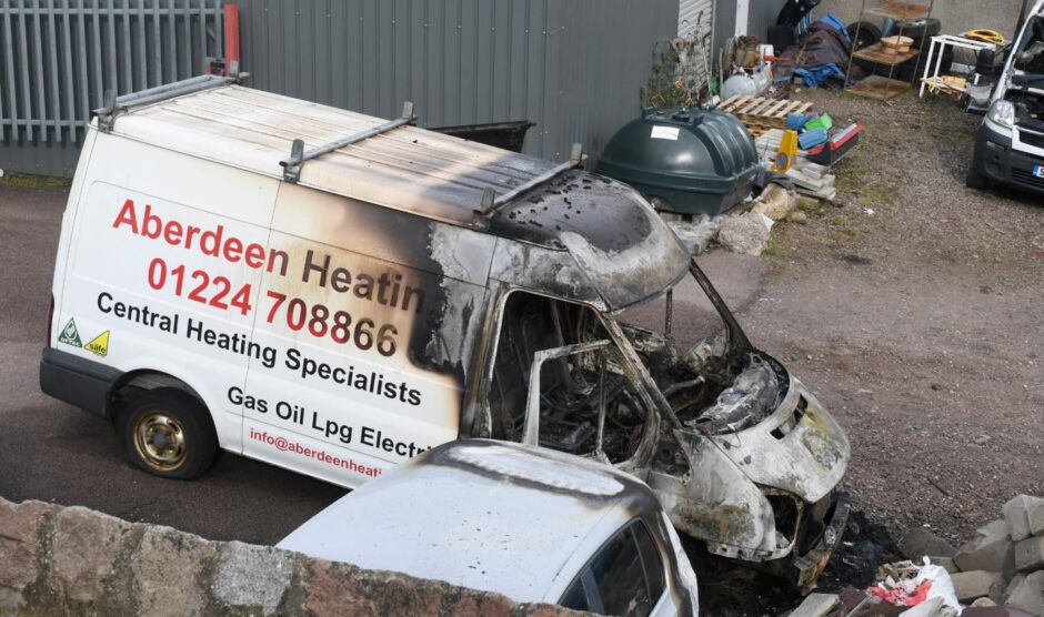 One of the Aberdeen Heating vans that has been left completely destroyed after the blaze