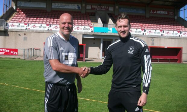 Deveronvale manager Craig Stewart, left, welcomes new assistant Craig Park to Princess Royal Park. Supplied by Deveronvale FC