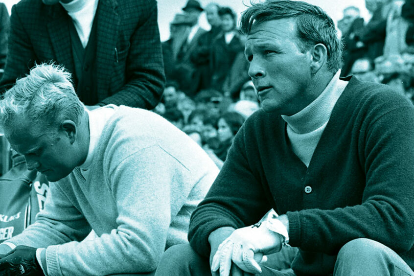 Arnold Palmer (right) and Jack Nicklaus (left) take a moment during 1966 Open Championship at Muirfield.