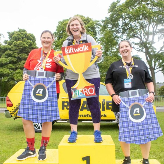Winners of the Friends of Anchor Kiltwalk standing on the podiums