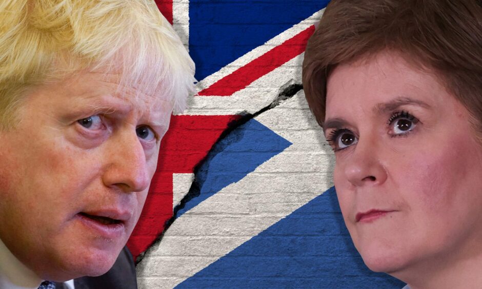 Boris Johnson and Nicola Sturgeon in front of the Union Flag and the Scottish flag due to new independence referendum talks
