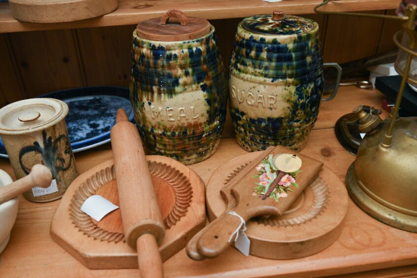 A collection of antique wooden and ceramic kitchen items in Lynash Antiques