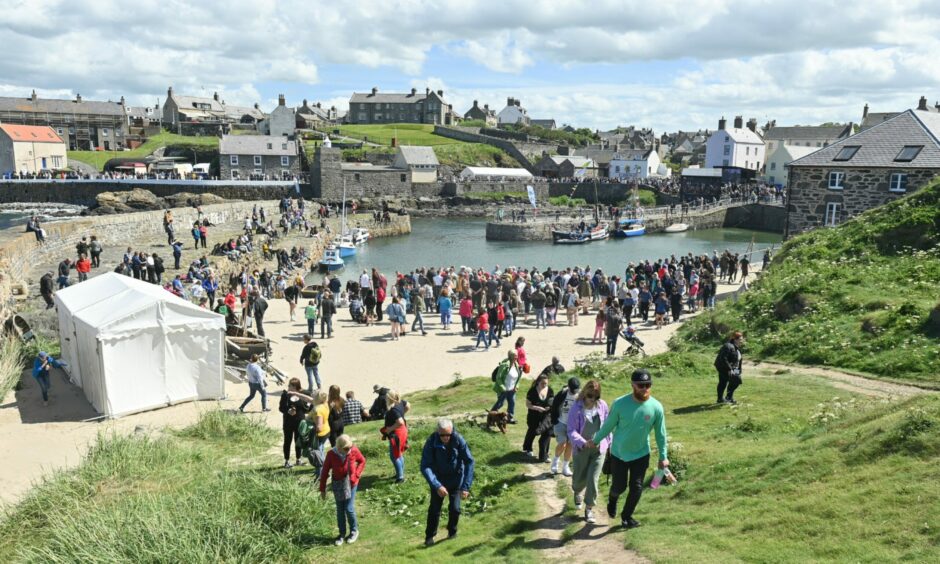 A panoramic view of Portsoy harbour during the boat festival.