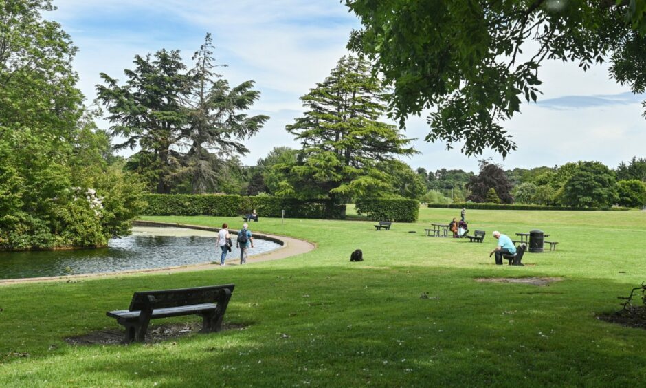 People relaxing by the pond in Cooper Park.