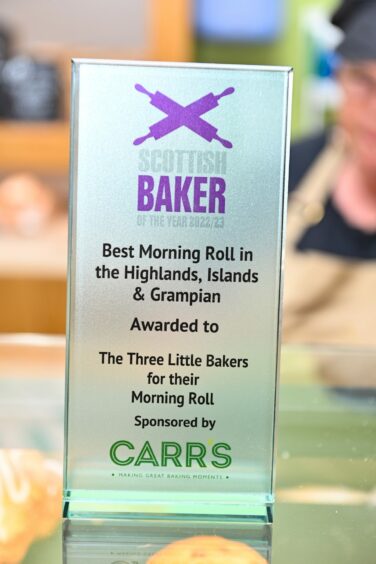 A plaque for the Best Morning Roll in the Highlands, Islands & Grampian awarded to The Three Little Bakers in Inverness