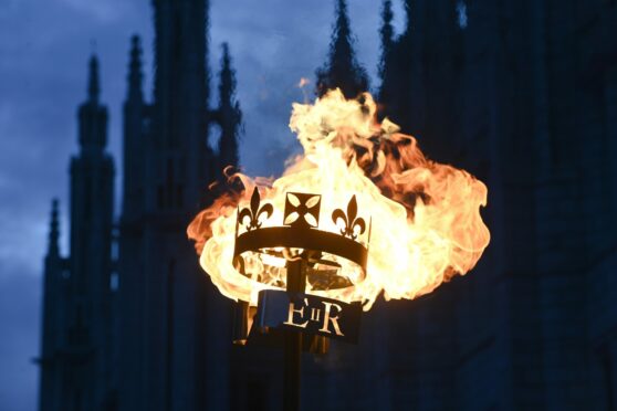 Lord Provost of Aberdeen lit the beacon in the city centre to mark the Platinum Jubilee. Picture by Kenny Elrick.