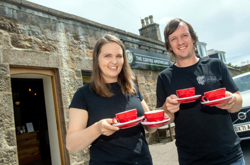 Ali and Jonny outside their Coffee Apothecary shop in Udny.