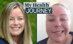 Louise Lang giving full smile next to old photo where only half her face could smile with the 'My Health Journey' logo in the middle