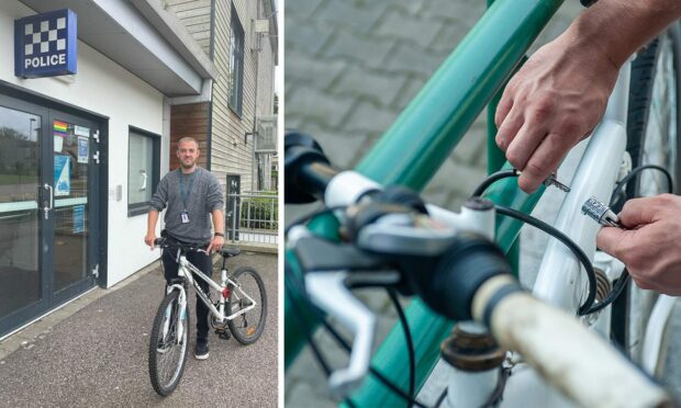 A man standing next to a bike outside a police station along with a photo of him locking his bike securely to a railing
