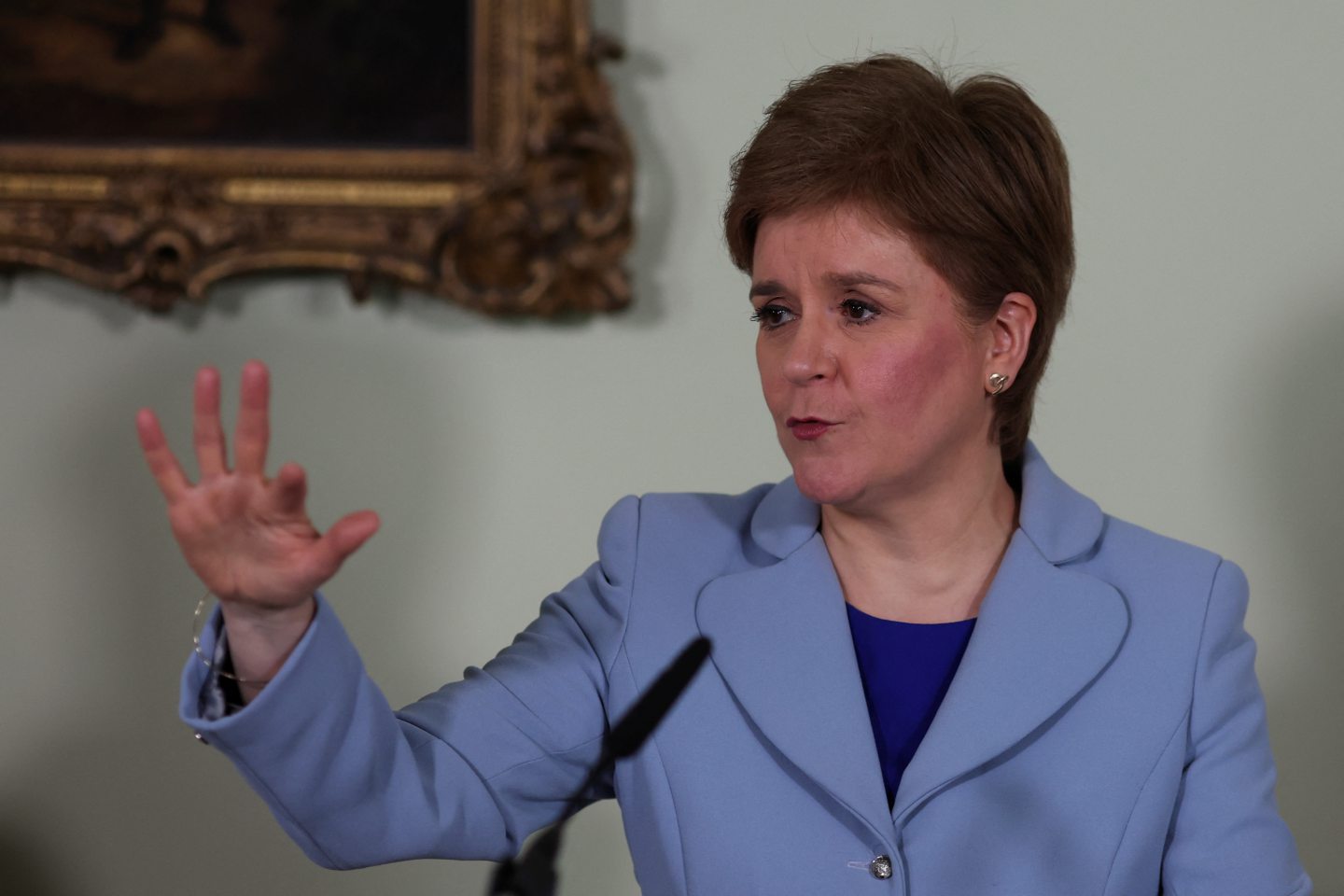 First Minister Nicola Sturgeon speaking at a press conference in Bute House in Edinburgh.