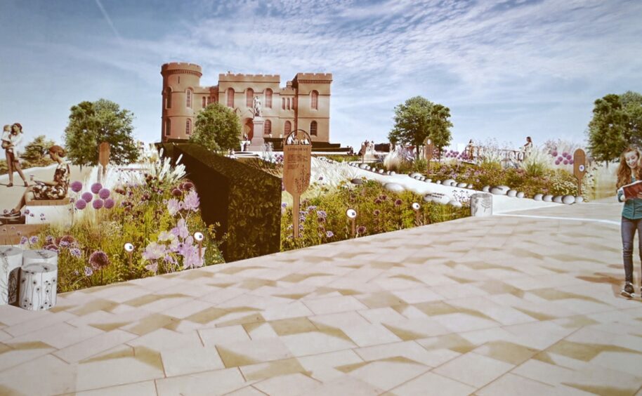 A mock-up of the exterior of the newly refurbished Inverness Castle due to reopen in 2025 including walkways and gardens