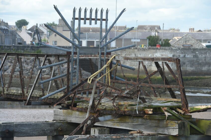 The old Lossiemouth bridge mangled and unsafe