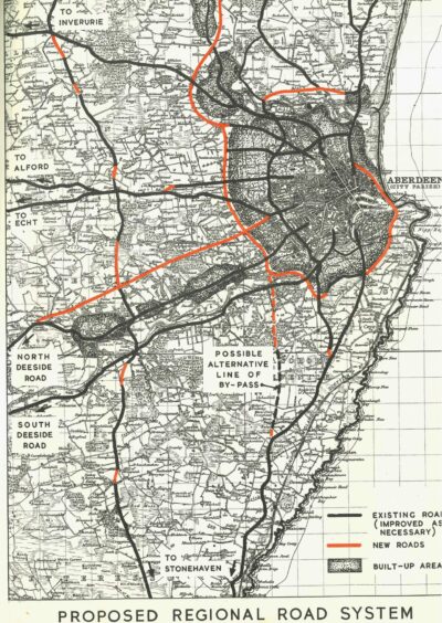 The suggested route for the North Deeside Road is shown in this image from the 1952 masterplan, leading south-west from the city in a straight line.