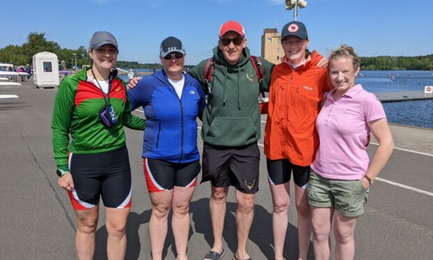 Inverness Rowing Club members (left to right) - Laura Evans-Smith, Sara Brennan, Robert Gordon (coach), Heather Gordon and Emily Richens - at the 2022 Scottish Rowing Championships.