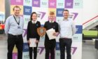 Mintlaw team Ruby Adam and Fynn Leslie, pictured with Mintlaw Academy’s acting depute head Ali Hynd (left) and Duncan Birnie of Shell UK after winning Nescol's STEM challenge.