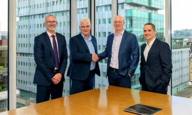 Pinsent helped get a deal between Springfield Properties and Mactaggart & Mickel across the line: l-r Innes Smith, chief executive, Springfield Group, Sandy Adam, chairman, Springfield, Ross Mickel, director, Mactaggart & Mickel (M&M) and Paul McAninch, finance director, M&M. Image: Big Partnership