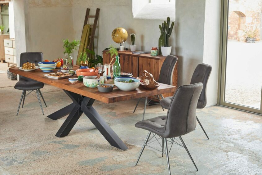 A modern dark-wood dining table.