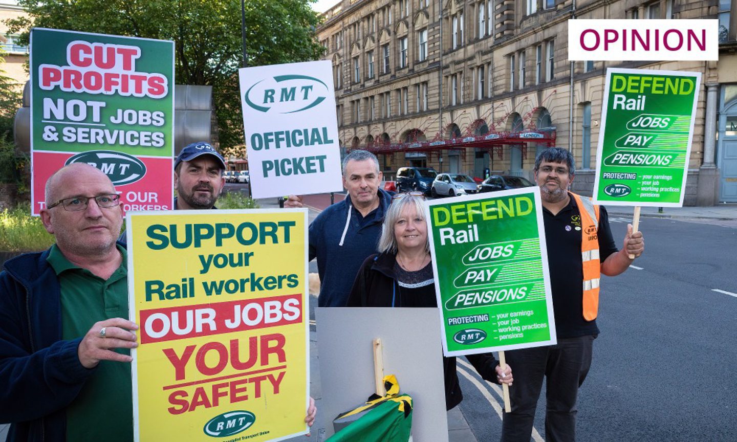 Rail workers and union members strike at a picket line in Manchester (Photo: Andy Barton/SOPA Images/Shutterstock)
