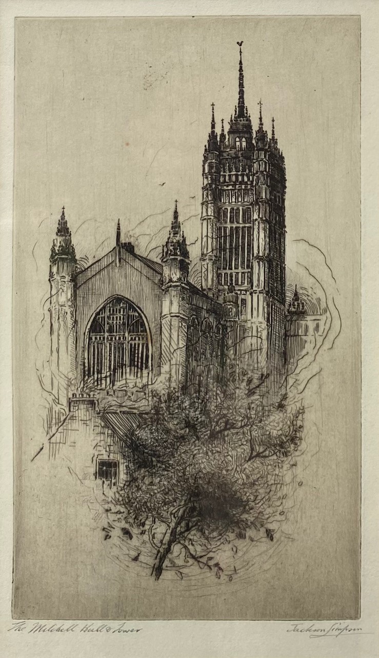 etching of University building in Aberdeen by Jackson Simpson 