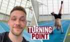 Liam Cameron doing a selfie after his challenge and the photo next to it is him doing handstands and in the middle is the 'Turning Point' logo