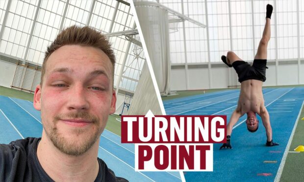Liam Cameron doing a selfie after his challenge and the photo next to it is him doing handstands and in the middle is the 'Turning Point' logo