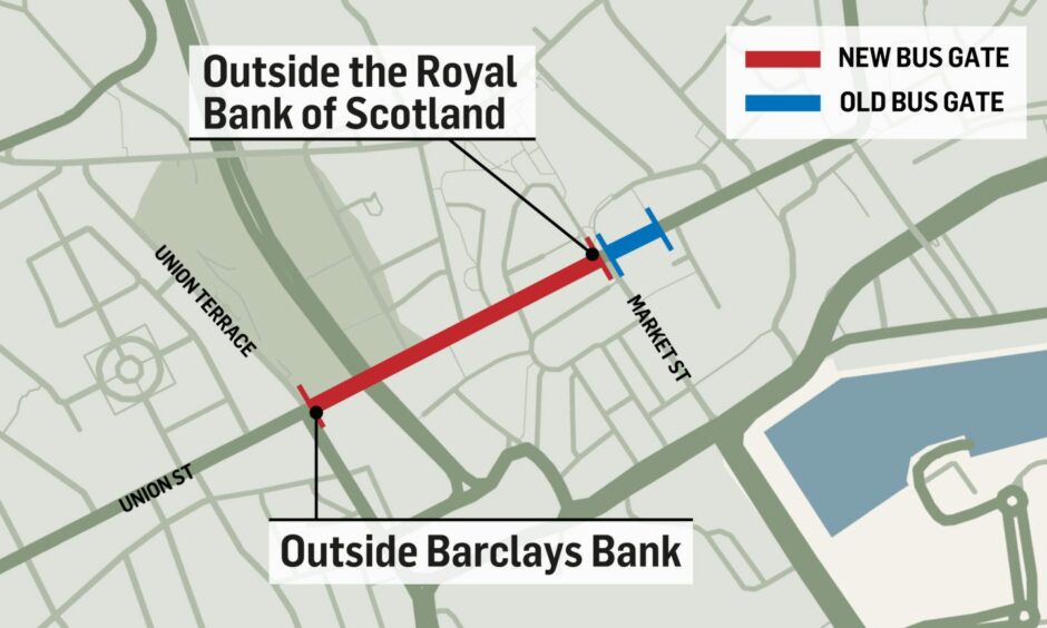 This map shows what stretch of Union Street the new bus gate covers, shown with a red line, compared to where the old one was, illustrated with the blue line.