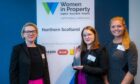 l-r WiP northern Scotland branch chairwoman Leane Hill, student winner Lilyana Mladenova and Harriet Cross, of national awards sponsor Savills.
