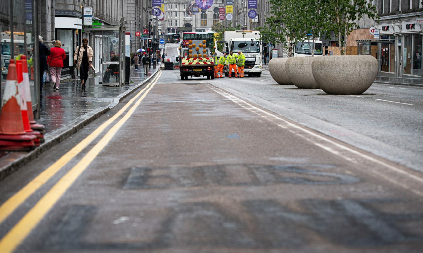 Work is under way removing all the Spaces for People road markings from Union Street after more than two years. Picture by Wullie Marr/DCT Media.