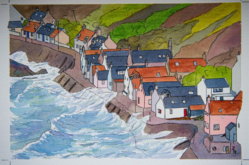 One of Gordon McLeman's watercolour paintings, showing seaside houses with roaring waves