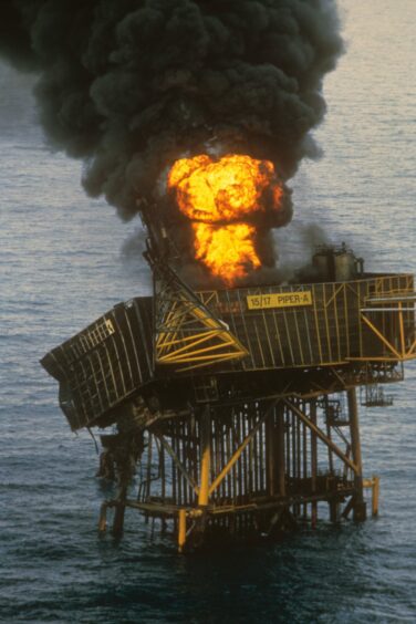 North Sea oil platform Piper Alpha on fire on 8 July 1988.