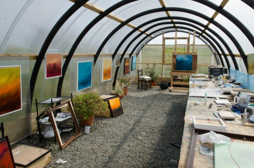An art studio in a polytunnel