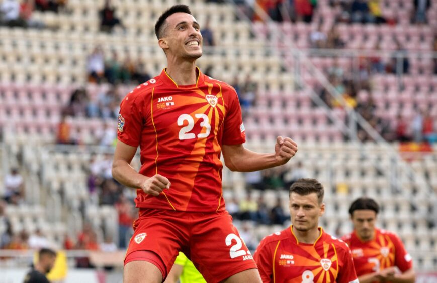 Bojan Miovski celebrates after scoring for North Macedonia against Gibraltar in Skopje earlier this month.