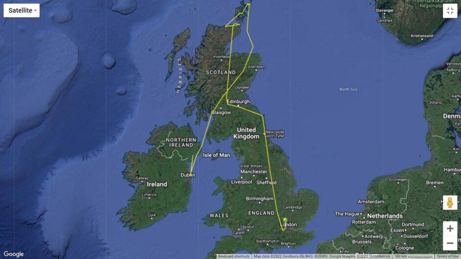 The route tracked by the tag from the Oystercatcher to Orkney before being picked up and taken to London.