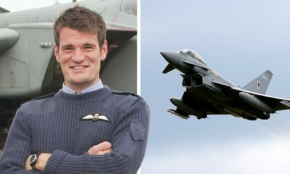 Hywel Poole and a Typhoon jet taking off from RAF Lossiemouth