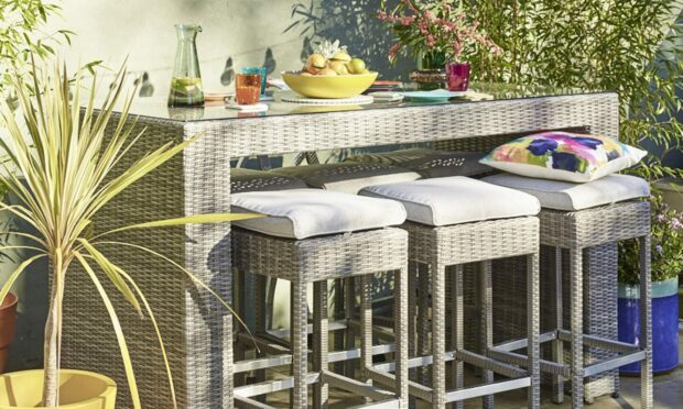 Alps Pebble six-seat bar set, £1,599, and other garden accessories from Dobbies Garden Centres.