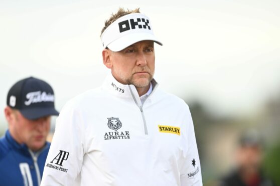 A stony-faced Ian Poulter at the Old Course this morning.
