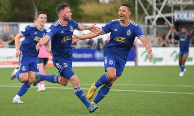 Mitch Megginson celebrates scoring for Cove Rangers in their league opener against Raith Rovers.