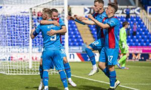 Caley Thistle celebrate after Billy Mckay scored in the 1-1 league opener against Queen's Park.