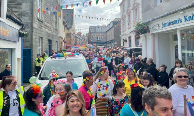 Hundreds of people took part in the first ever Shetland Pride parade. Photo: Highlands and Islands Police Division.