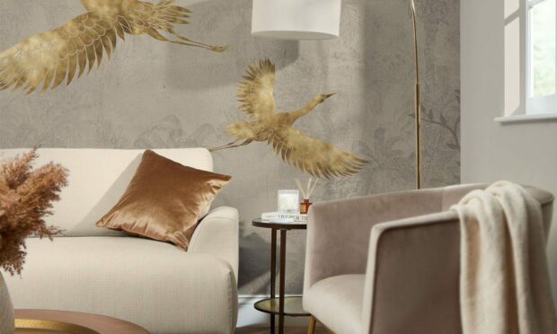 Oriental Cranes Mural in Stone with Gold Effect, from £100, I Love Wallpaper.