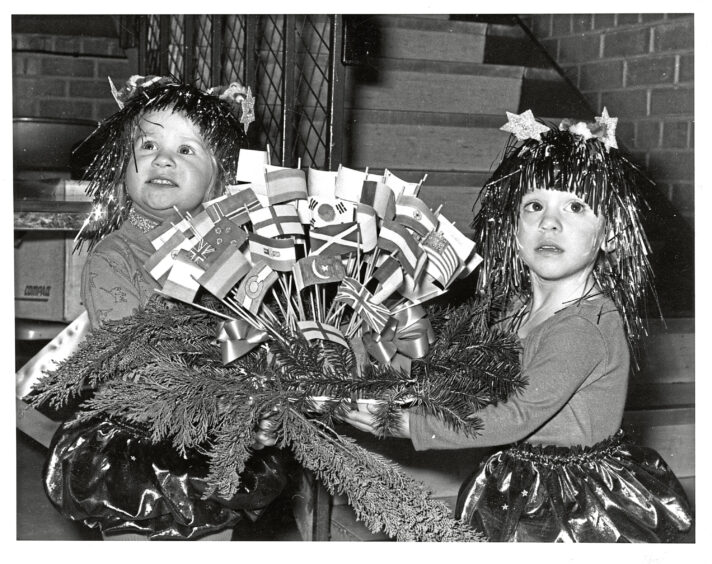 February 1988 Lysney Keener and Alison Schuler from the American School in Aberdeen play the part of Martians in the festivities