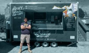 Grant MacNicol at his fish and chip truck at Dornoch Castle. He has had offers to expand the Angry Seagull brand into merchandising.